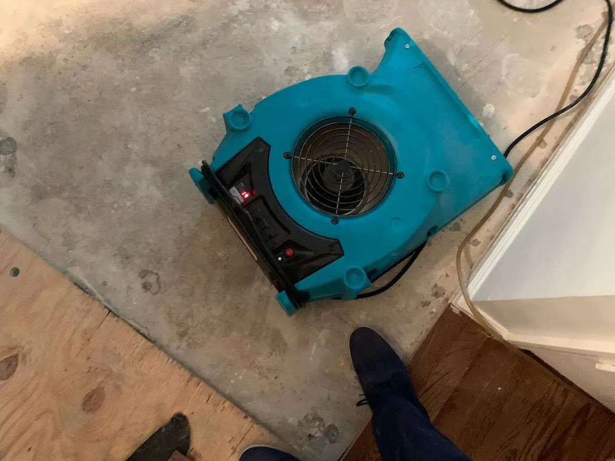 Air mover drying subfloor during Leak Detection & Repair in Webster City